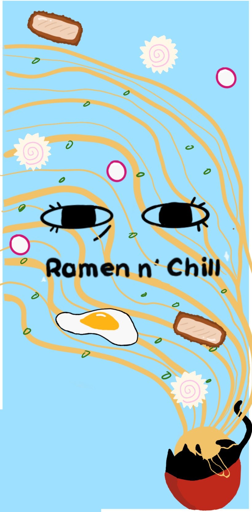 Ramen n' Chill brand artwork — noodles, egg and naruto swirling out of a red bowl