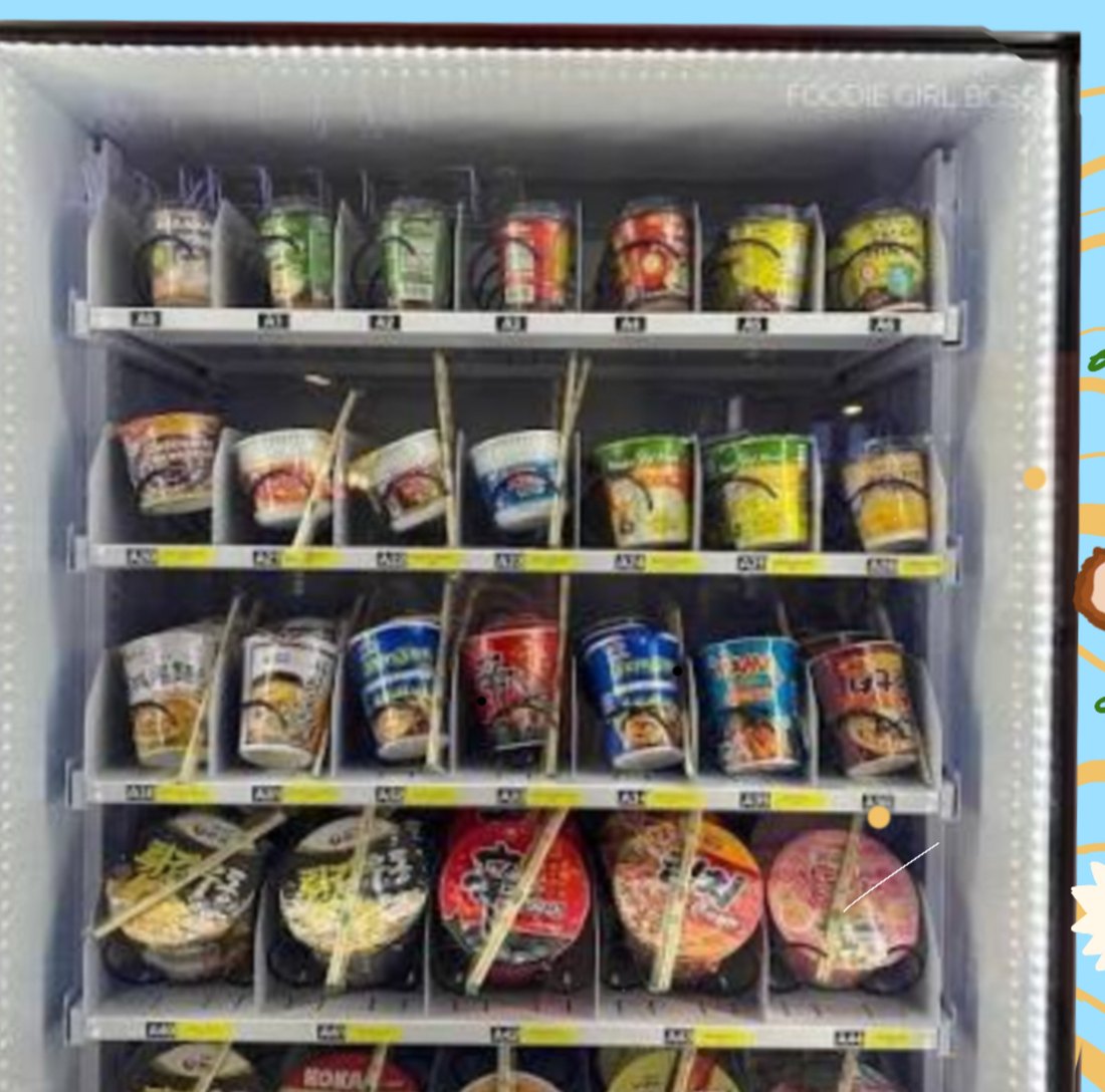 The Ramen n' Chill vending machine stocked with rows of cup noodles
